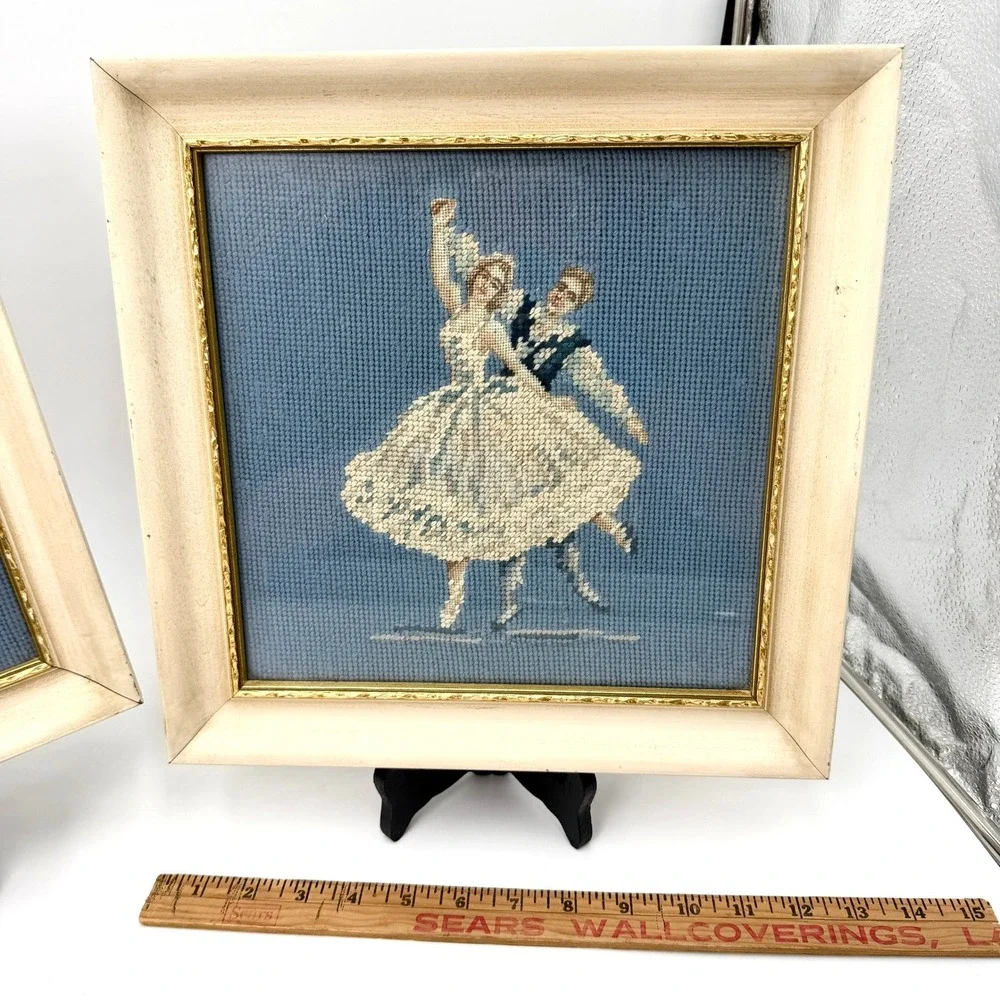 Vintage T Eaton Co Montreal Ballet‎ Dancers Needlepoint Framed Wall Art Set of 2